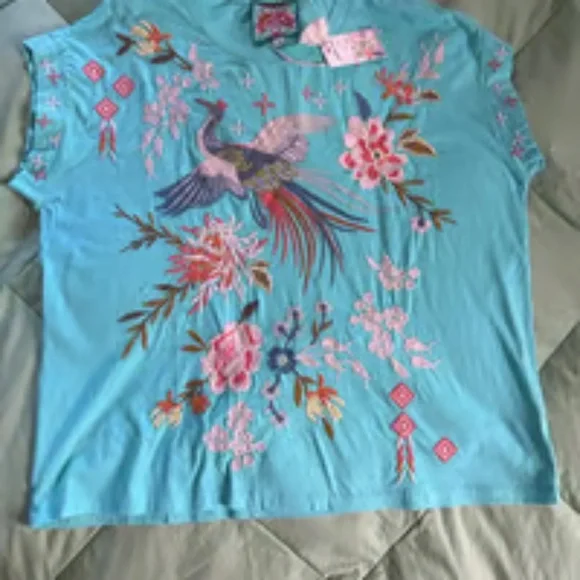 JOHNNY WAS embroidered Turquoise Tee STUNNING Sz L NWT-RARE/Hard-to-find! - Picture 10 of 16